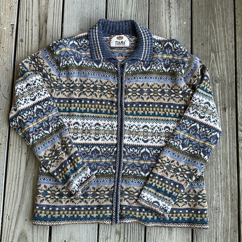 ❄️ Vintage Tiara Fair Isle Nordic Zip Cardigan Sweater Medium